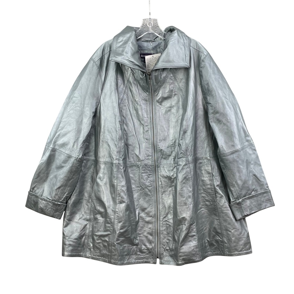 Roaman's Leather Jacket Women's 24W Silver Metallic Full Zip Funnel Neck Coat